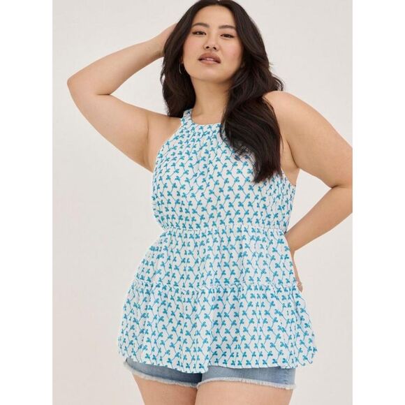 Torrid Babydoll Tiered Floral Eyelet Top White Blue Size 1X Halter Plus Size - Picture 3 of 10